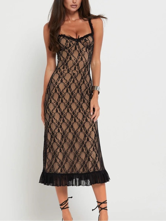Cider Dresses & Skirts - Cider Black Lace Sheer Midi Dress Nude Lining Ruffle Hem Y2K Slip Size S